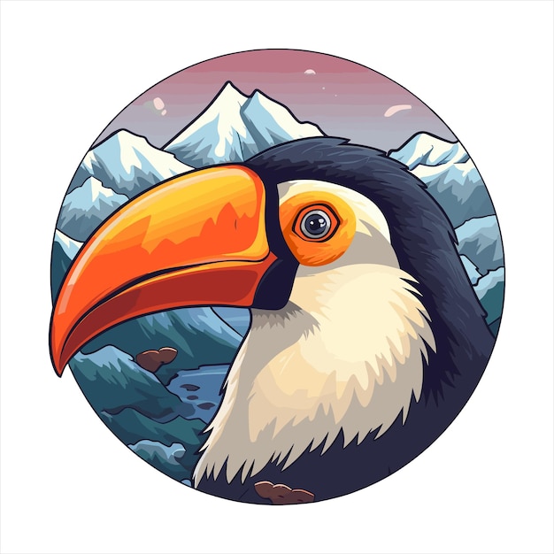 Vetor toucan cartoon colorido kawaii personagem montanhas de neve animal pet sticker ilustração isolada