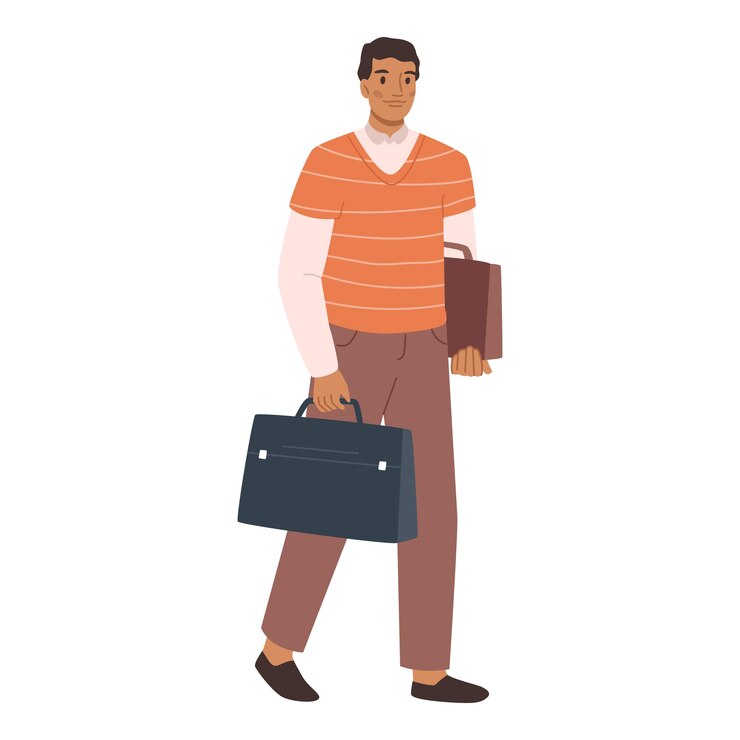 Vetor trabalhador andando com bagagem nas mãos