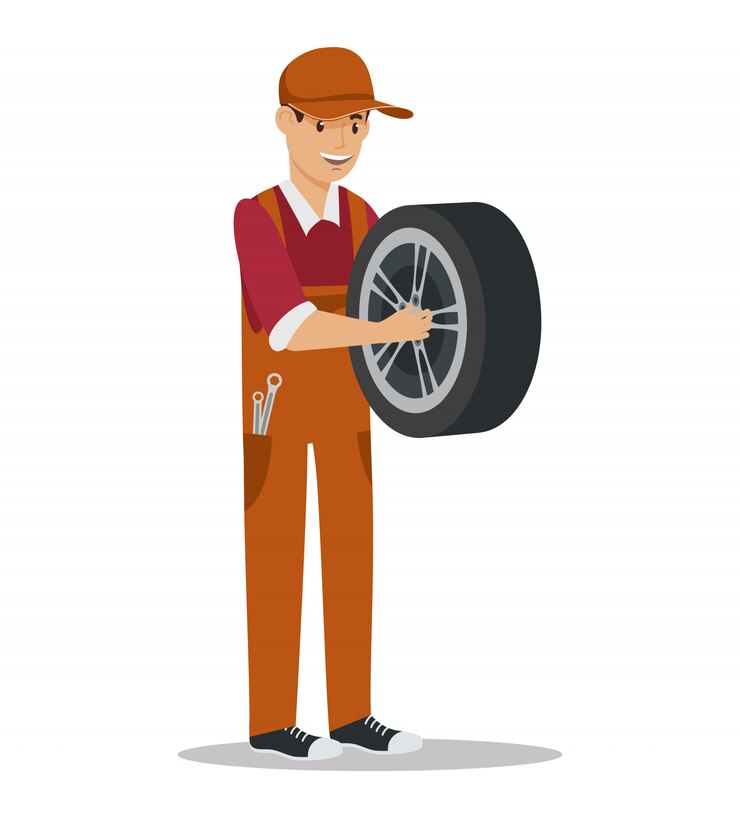Vetor trabalhador com roda à disposicão. estação de serviço. auto-serviço. peças do carro. reparo de roda. trabalhador profissional em uniforme. manutenção do carro.