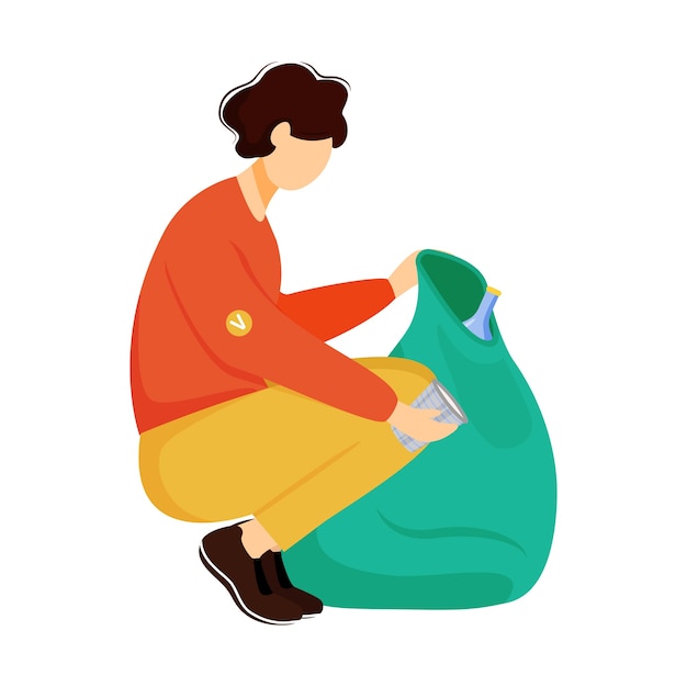 Trabalhador comunitário, limpeza de ilustração plana de lixo. jovem voluntário, personagem de desenho animado isolado de ativista ambiental no fundo branco. gerenciamento de resíduos, elemento de design de classificação de lixo