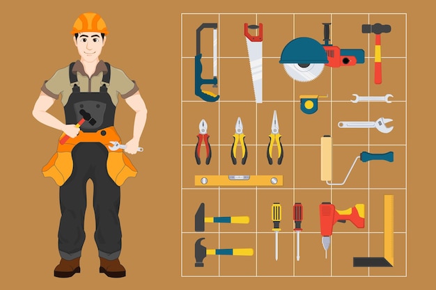 Vetor trabalhador da construção civil com ferramentas definir ilustração de design plano