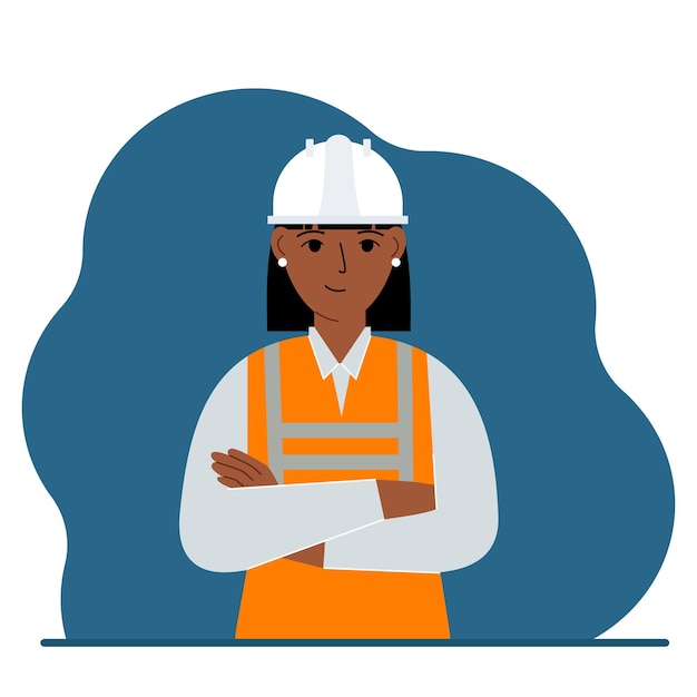 Vetor trabalhador da construção civil de mulher sorridente em um capacete branco e um colete laranja. engenheiro. ilustração em vetor plana