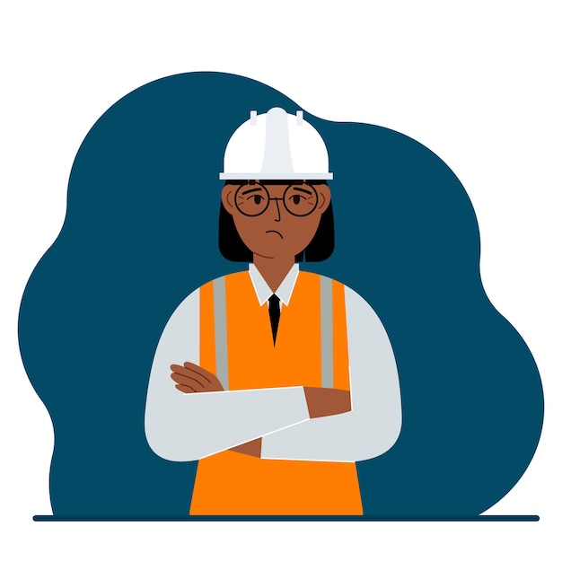 Vetor trabalhador da construção civil mulher triste em um capacete branco e um colete laranja. engenheiro. vetor
