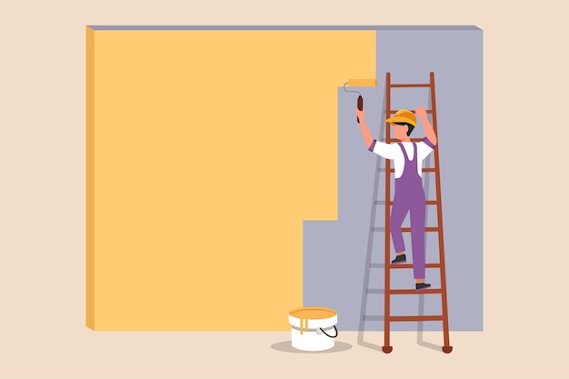 Trabalhador da construção civil pintando a parede da casa com rolo de pintura e escada de madeira vintage Conceito de construção e construção Ilustrações vetoriais planas isoladas