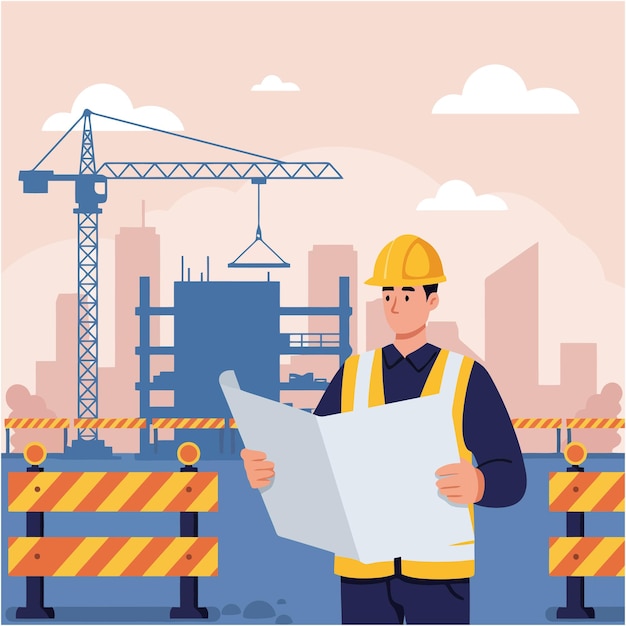 Trabalhador da construção revisando o plano no canteiro de obras com guindaste e barreiras