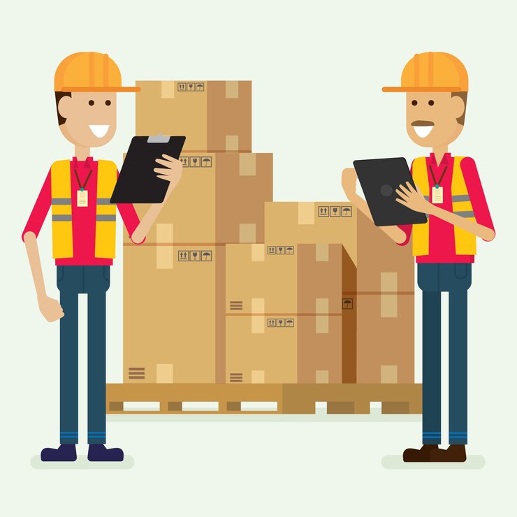 Vetor trabalhador de armazém de caráter verificando mercadorias. ilustração vector