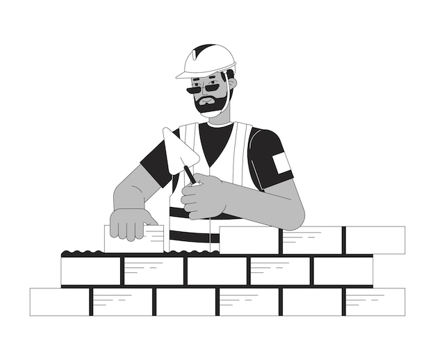 Vetor trabalhador de construção colocando tijolos ilustração plana de desenho animado preto e branco homem afro-americano construtor de casas personagem linear 2d isolado imagem de contorno vetorial de cena monocromática do canteiro de obras