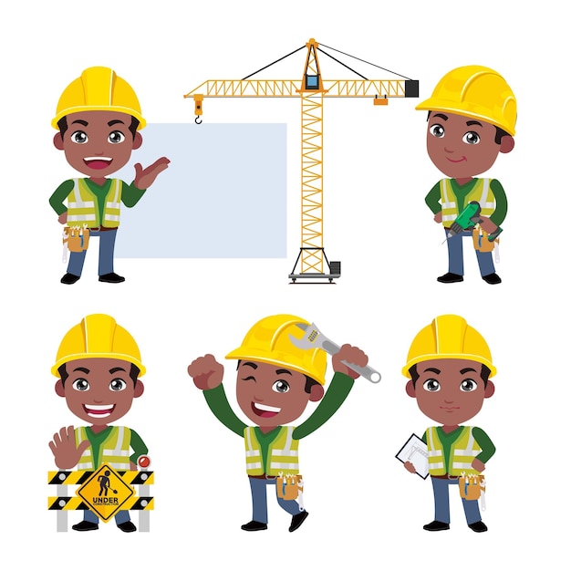 Trabalhador de construção com diferentes poses