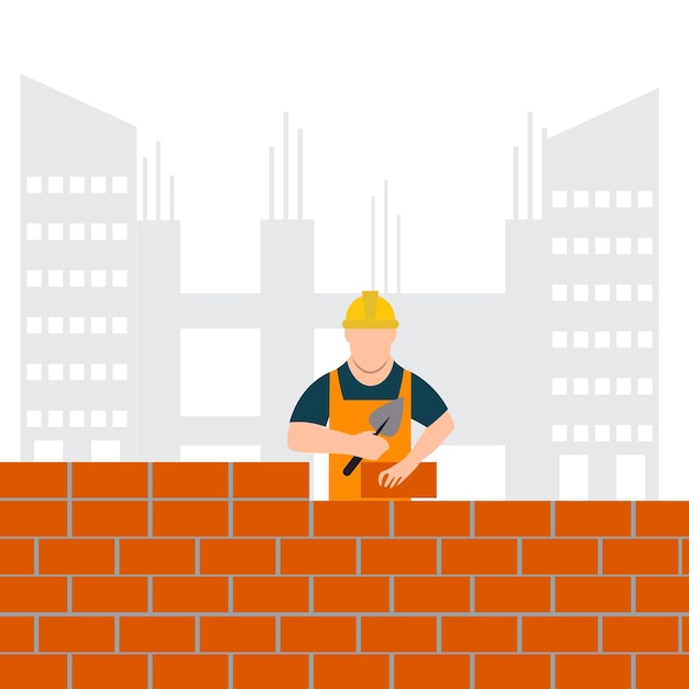 Trabalhador de construção construindo uma parede de tijolos Ilustração vetorial em estilo plano