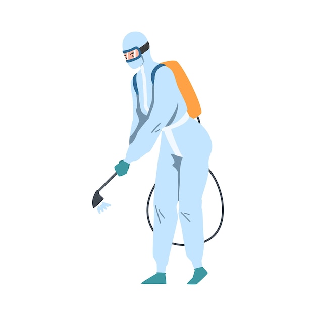 Trabalhador de desinfecção em terno de proteção e máscara pulverizando para limpar e desinfectar as medidas preventivas contra a propagação da infecção por coronavírus Ilustração de vetores de desenho animado