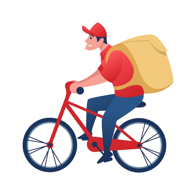 Vetor trabalhador de entrega de comida em bicicleta homem de desenho animado carregando pedido para cliente personagem jovem com mochila anda de bicicleta courier usa uniforme vermelho com boné serviço de transporte de restaurante vetorial