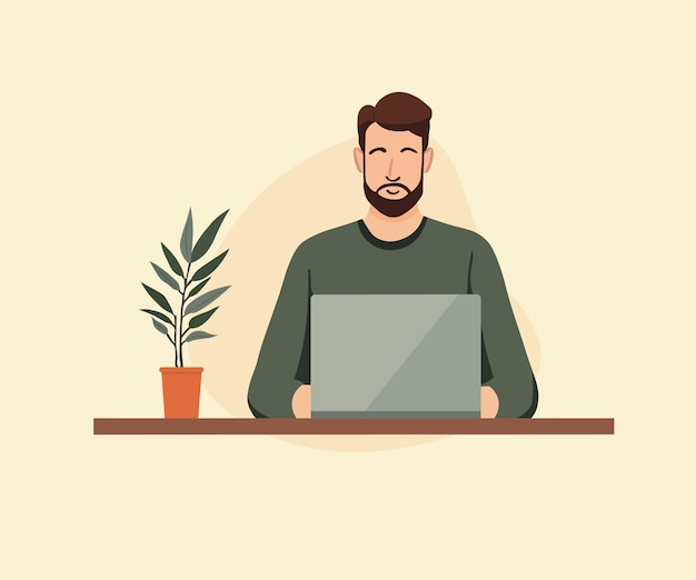 Trabalhador de escritório trabalhando em um laptop ilustração vetorial plana