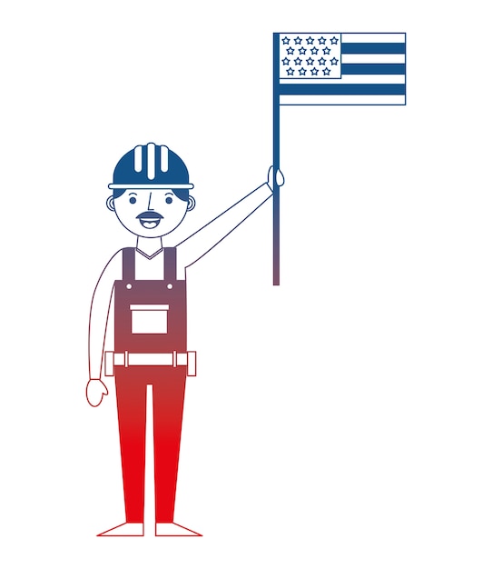 Vetor trabalhador de homem de construção segurando o dia do trabalho de bandeira americana