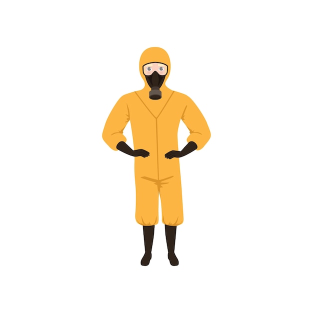 Vetor trabalhador de laboratório químico vestindo fato de proteção laranja máscara de gás luvas e botas vetor plano
