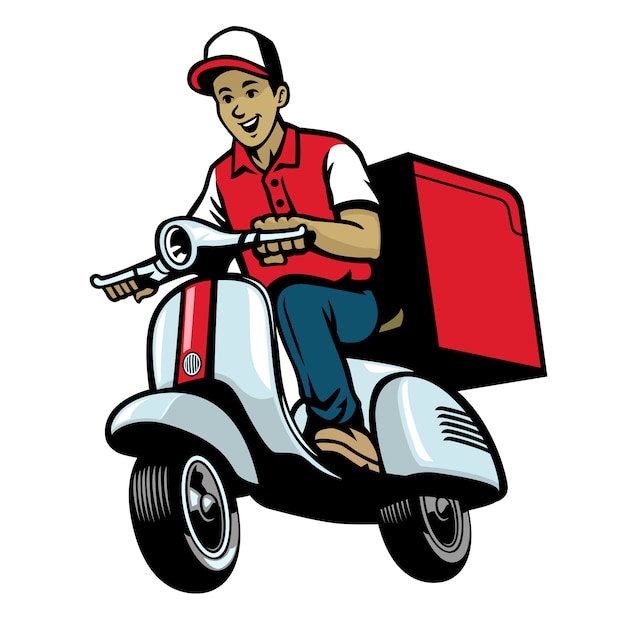Vetor trabalhador de serviço de entrega montando scooter vintage