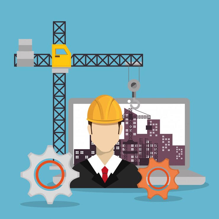 Vetor trabalhador em construção com laptop