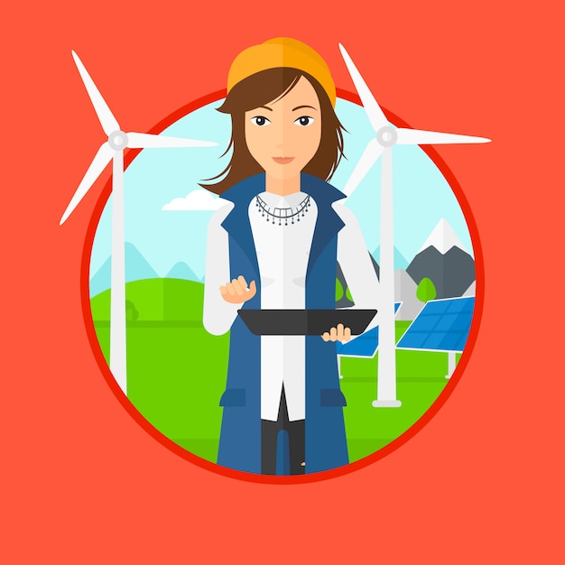 Trabalhador fêmea da planta de energias solares e da exploração agrícola de vento.
