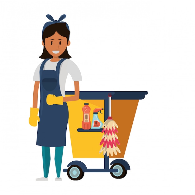 Trabalhador mais limpo com produtos e equipamentos de limpeza