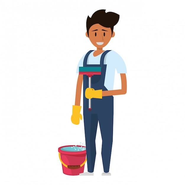 Trabalhador mais limpo com produtos e equipamentos de limpeza