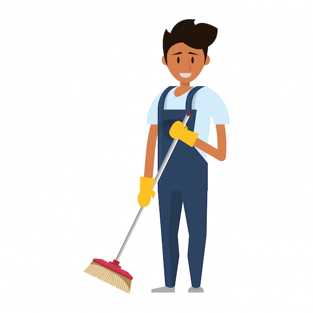 Trabalhador mais limpo com produtos e equipamentos de limpeza