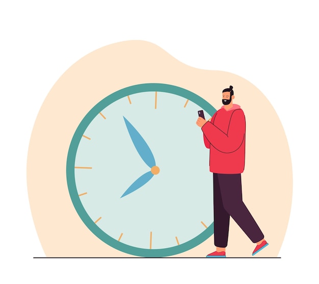 Trabalhador ou estudante com telefone na frente do relógio grande. Dia de planejamento de homem usando ilustração vetorial plana de aplicativo móvel. Conceito de gerenciamento de tempo para banner, design de site ou página da web de destino