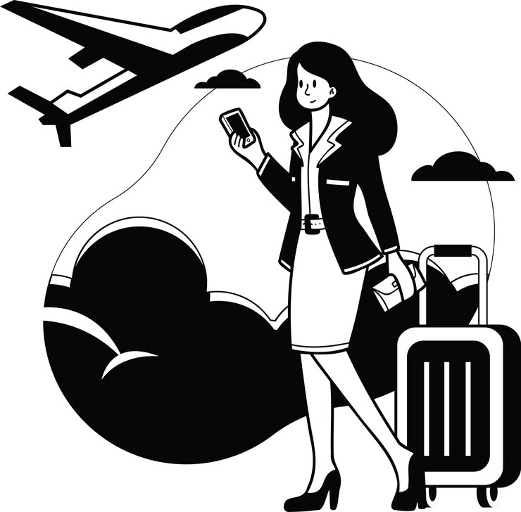 Vetor trabalhadora de escritório ou aeromoça embarcando na ilustração do avião no estilo doodle