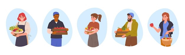 Trabalhadores agrícolas com colheita Pessoas agrícolas de desenho animado carregando cestas e caixas com frutas e legumes frescos de colheita conjunto de ilustrações vetoriais planas Personagens de agricultores