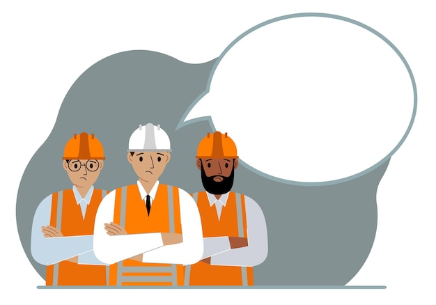 Trabalhadores da construção masculinos em capacetes e coletes brancos e laranjas ao lado de uma bolha de pensamento branca