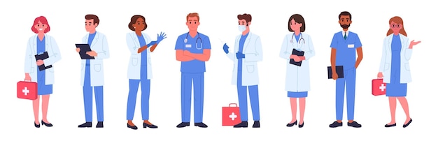 Trabalhadores de clínicas médicas Médicos e enfermeiros Terapeuta cirurgião e anestesista Paramedico e enfermeiro Pessoal profissional do hospital Set de ilustrações vetoriais planas Personagens de saúde médica