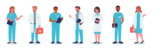 Trabalhadores de clínicas médicas Médicos e enfermeiros terapeuta paramédico e enfermeiro conjunto de ilustrações vetoriais planas funcionários profissionais de hospitais de desenho animado