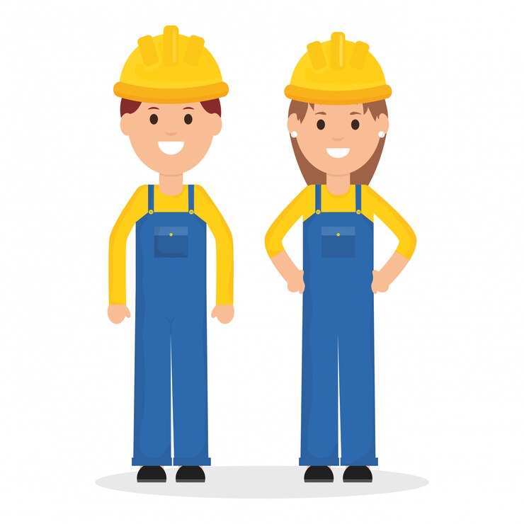 Vetor trabalhadores de construtores de casal com capacetes