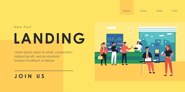 Trabalhadores de escritório comendo no refeitório. Funcionários na fila, colocando comida em bandejas e falando ilustração vetorial plana. Pausa para o almoço, conceito de comunicação para design de site ou página da web de destino