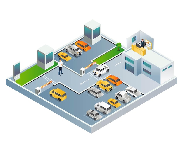 Trabalhadores de escritório de conceito de ilustração isométrica plana e atendentes de estacionamento