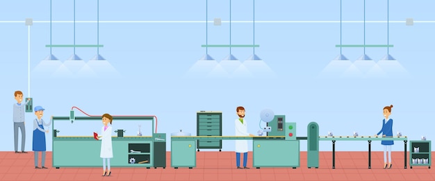 Trabalhadores de fábrica de fabricação de pessoas em forma perto da máquina tecnológica