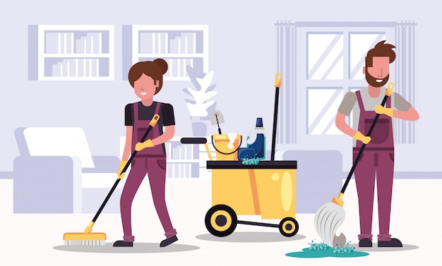 trabalhadores do casal housekepping com equipamentos