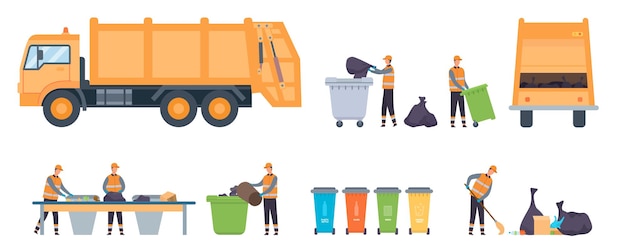 Trabalhadores do serviço de lixo plano, zeladores e caminhões de lixo. Transportador de triagem de fábrica de reciclagem. Conjunto de vetores de lixeira, recipiente e saco de lixo