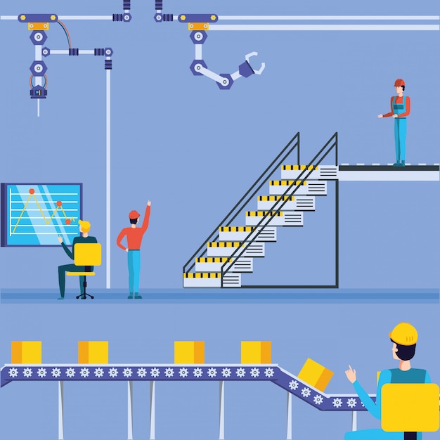 Trabalhadores industriais em fábrica tecnificada