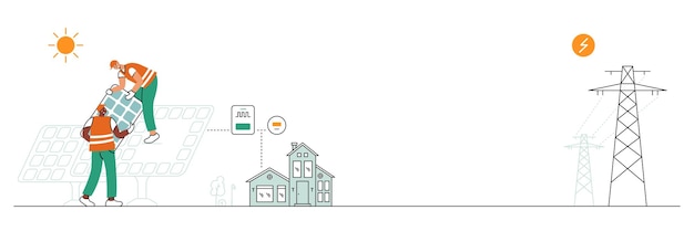 Trabalhadores montam um painel em uma usina de energia solar. esquema da estação de energia. energia inteligente e verde.