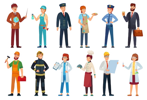 Trabalhadores profissionais. conjunto de ilustração de desenhos animados de profissionais, trabalhadores e trabalhadores de diferentes empregos.