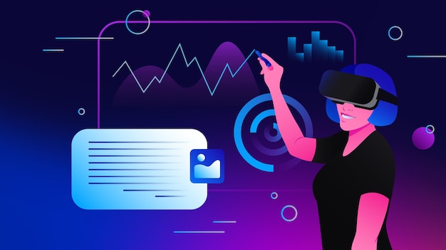 Trabalhando com documentos e gráficos na ilustração gráfica do trabalhador de escritório de realidade virtual Metaverse