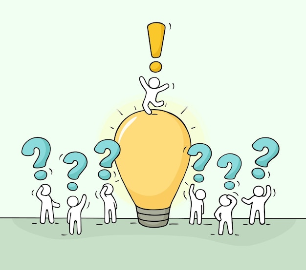 trabalhando pessoas pequenas com ilustração vetorial de desenhos animados de ideia de lâmpada para design de negócios