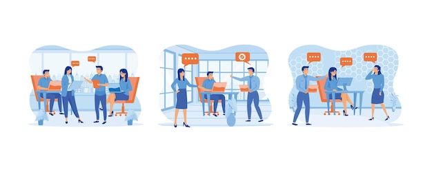 Trabalho conversa e discussão Pessoas de negócios no escritório falando comunicando e discutindo projeto de trabalho Discussão de trabalho Set de vetor plano ilustração moderna