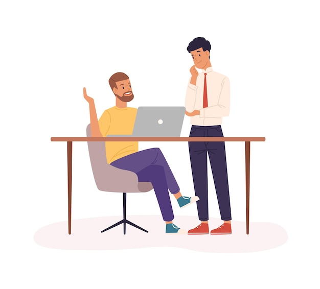 Trabalho de escritório, ilustração vetorial plana de parceria. Cooperação do pessoal da empresa, planejamento de projetos de negócios. Personagens de desenhos animados de colegas de trabalho. Funcionários na estação de trabalho isolada no fundo branco.