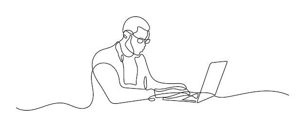 Vetor trabalho de homem freelancer usando laptop on-line contínuo arte de linha única linha editável