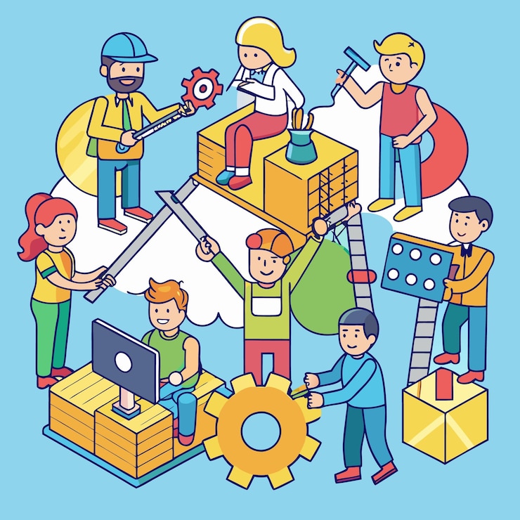 Vetor trabalho em equipe colaborativo trabalhadores de escritório modernos envolvidos na resolução criativa de problemas