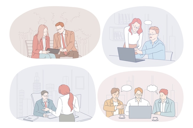 Trabalho em equipe, comunicação, negócios, cooperação, discussão, conceito de relatório. Parceiros de negócios