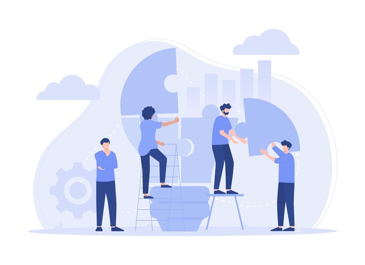 Vetor trabalho em equipe conectando quebra-cabeça de lâmpada encontrando ideias resolvendo problemas de negócios ilustração plana