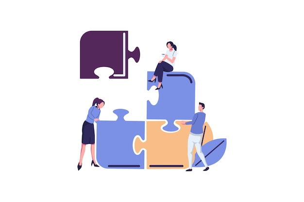 trabalho em equipe conjunto na empresa pessoas empurrar detalhes de quebra-cabeças FLAT STYLE ilustração design vetorial