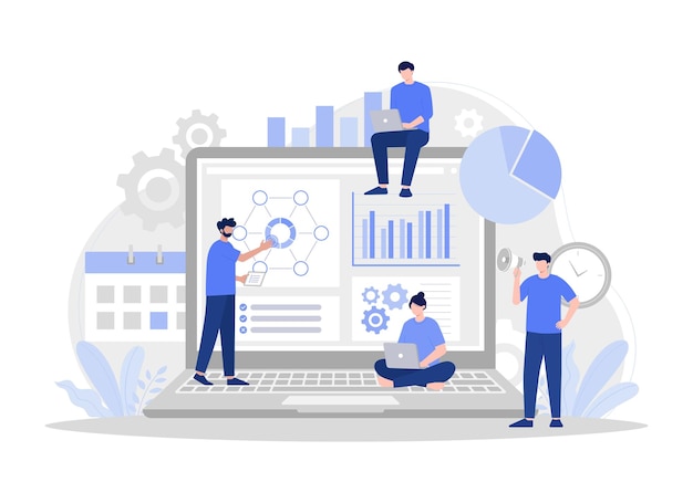 Trabalho em equipe criativo Construindo um projeto de negócios na Internet Ilustração plana vetorial moderna