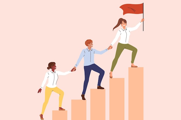 Trabalho em equipe funcionários da empresa subindo no horário para levantar a bandeira para o topo e alcançar a superioridade